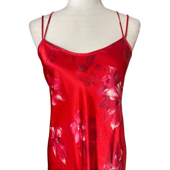 Vintage 90s California Dynasty Satin Maxi Slip & Robe Set – Red Floral – Size M - Picture 3 of 7